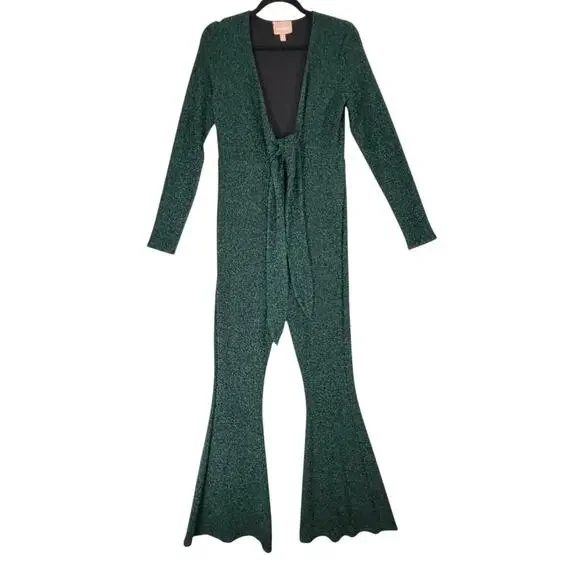 Show Me Your Mumu Martina GREEN GLITTER Jumpsuit Tie Front WOMENS SIZE LARGE Htf - Picture 2 of 9